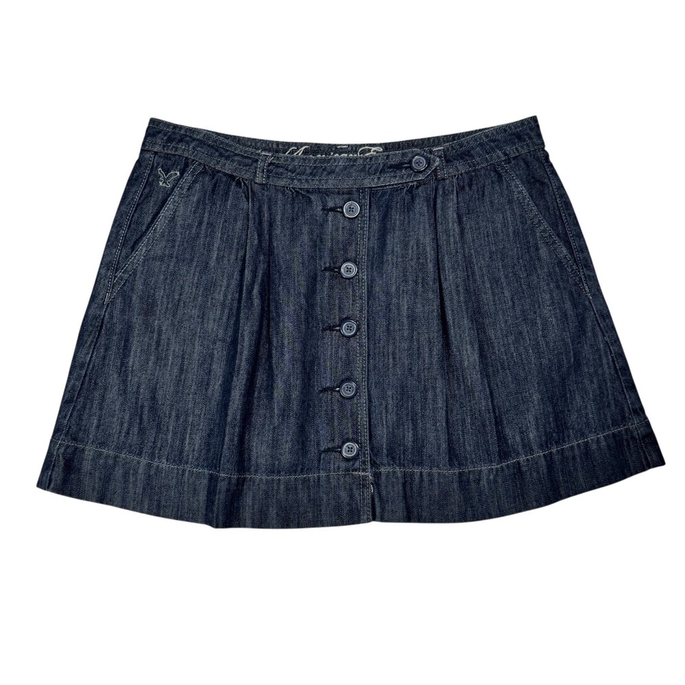 Y2K American Eagle Low Rise Chambray Denim Pleated Mini Skirt‎ Sz 4 Button Front